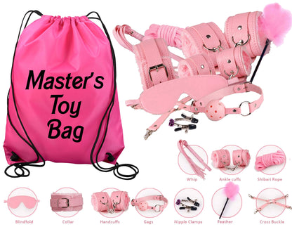 Pink Beginners Bondage Kit and Personalized Storage Bag Daddy Master DDLG BDSM CGLG Submissive Dominant Rope Cuffs Leash Whip Nipple Clamps