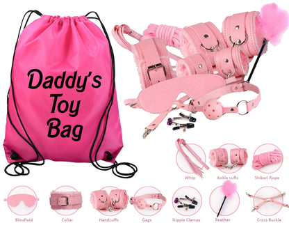 Pink Beginners Bondage Kit and Personalized Storage Bag Daddy Master DDLG BDSM CGLG Submissive Dominant Rope Cuffs Leash Whip Nipple Clamps
