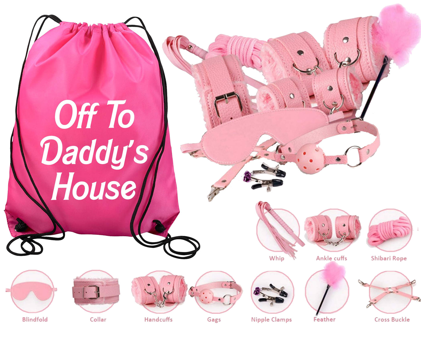 Pink Beginners Bondage Kit and Personalized Storage Bag Daddy Master DDLG BDSM CGLG Submissive Dominant Rope Cuffs Leash Whip Nipple Clamps