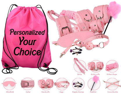 Pink Beginners Bondage Kit and Personalized Storage Bag Daddy Master DDLG BDSM CGLG Submissive Dominant Rope Cuffs Leash Whip Nipple Clamps