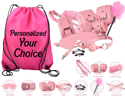 Pink Beginners Bondage Kit and Personalized Storage Bag Daddy Master DDLG BDSM CGLG Submissive Dominant Rope Cuffs Leash Whip Nipple Clamps