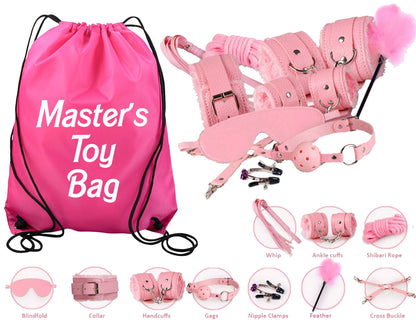 Pink Beginners Bondage Kit and Personalized Storage Bag Daddy Master DDLG BDSM CGLG Submissive Dominant Rope Cuffs Leash Whip Nipple Clamps