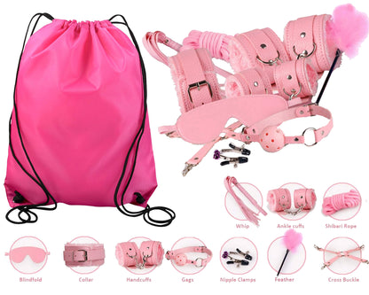 Pink Beginners Bondage Kit and Personalized Storage Bag Daddy Master DDLG BDSM CGLG Submissive Dominant Rope Cuffs Leash Whip Nipple Clamps