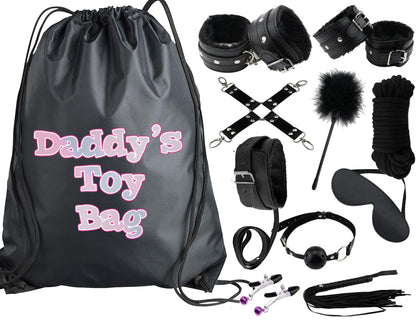 Daddy's Toy Bag Beginners Bondage Kit (Black) Daddy Master DDLG BDSM CGLG Submissive Dominant Rope Cuffs Leash Whip Nipple Clamps