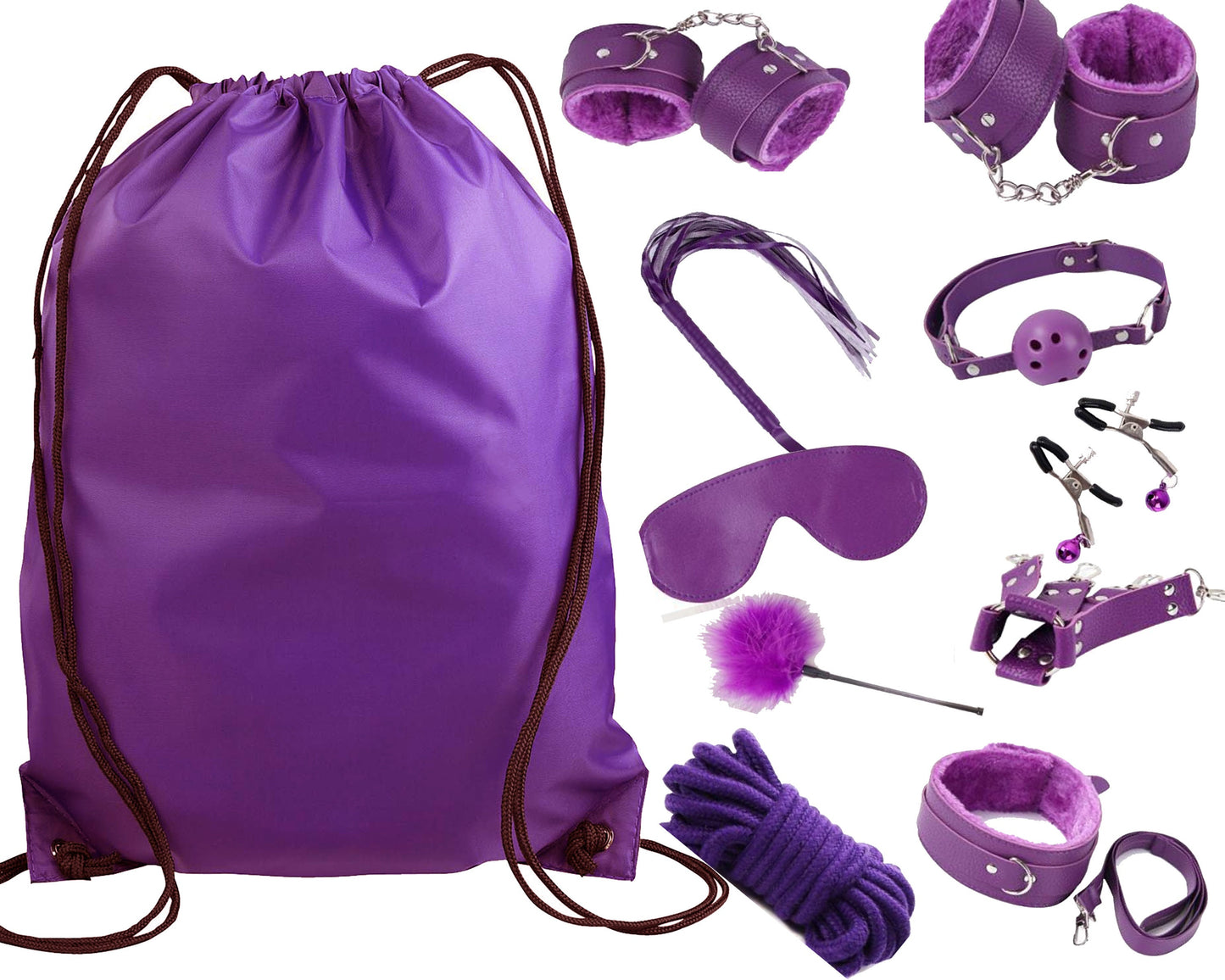 Daddy's Toy Bag Beginners Purple Bondage Kit Daddy Master DDLG BDSM CGLG Dominant Rope Cuffs Leash Whip Nipple Clamps