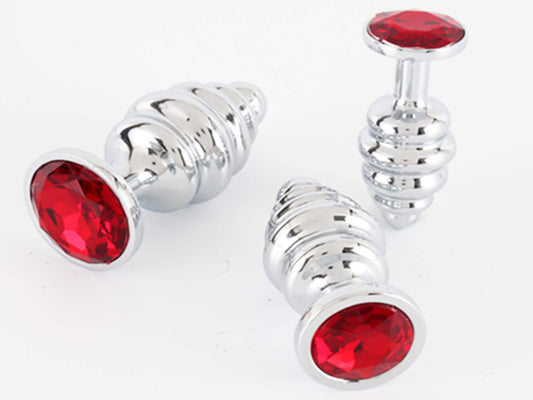 Red • Round Ribbed Crystal • Butt Plug